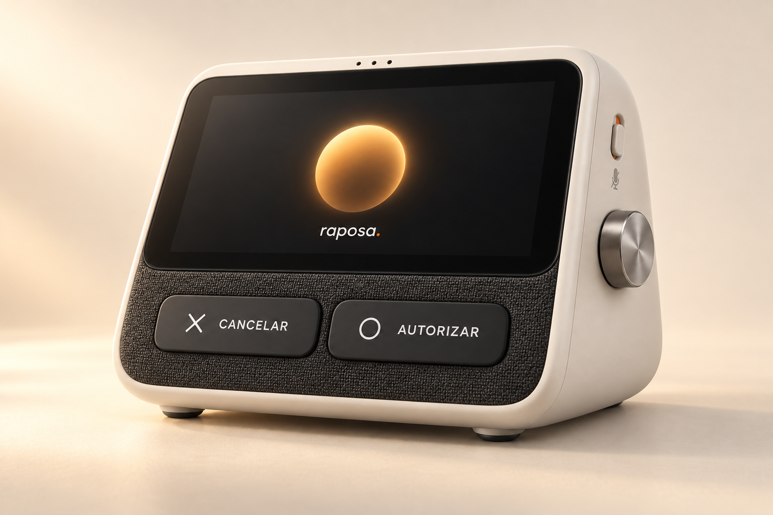Render conceitual de um dispositivo Raposa de mesa, com tela, orb dourada, botões físicos de cancelar e autorizar e controle lateral de áudio.