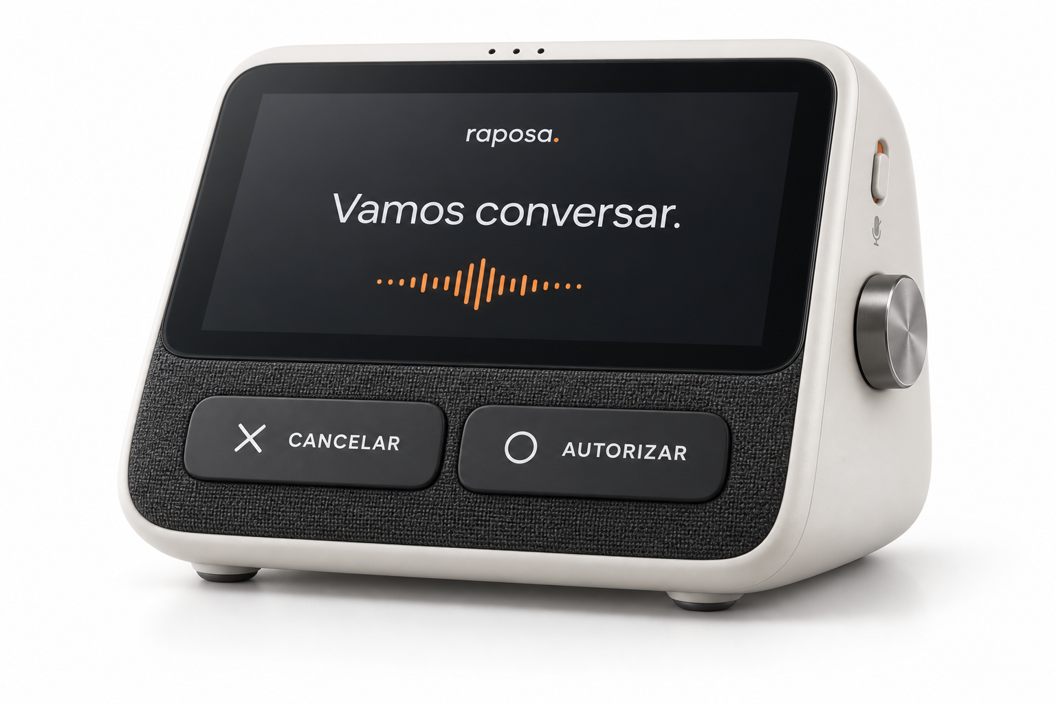 Conceito Raposa: corpo claro, tela inclinada, alto-falante e dois botões táteis equivalentes, Cancelar à esquerda e Autorizar à direita.